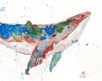 Peinture baleine, aquarelle, impression de baleine, baleine et bateau, art baleine, pépinière de baleines, baleine à bosse