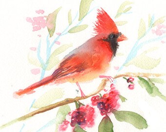 Cardinal Watercolor Print, Poster, , Cardinal  Art, Christmas Decor, Cardinal Print, Floral art, Bird Decor, Bird Wall Art, Large