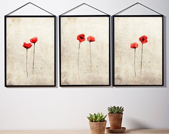 Red Poppies Print, Set of Three, Watercolor Painting, Flower Art, Home Decor, Wall Art, Bedroom, Wall Decor, Living, Unframed