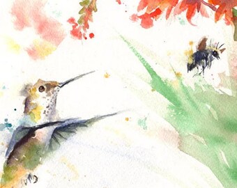 Humming Bird Print, Bee Print, Humming Bird Watercolor, Bumblebee Art, Hummingbird Wall Art, Bird Print, Decor, Humming Bird Gift, Grandma