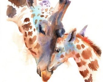 Giraffe Watercolor Print, Canvas, Poster, Nursery Print-Safari Theme Print-Mom and Baby-Gift-Baby Shower Gift-Giraffe Nursery-Cute Baby