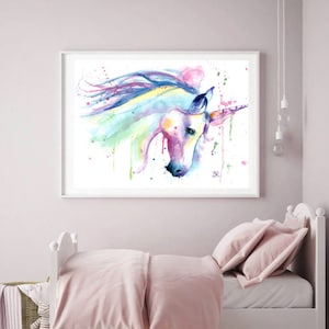 Unicorn print, poster, Rainbow unicorn watercolor, nursery wall, unicorn decor, party, unicorn birthday, unicorn nursery, girls art, image 1