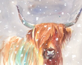 Highland cow print, Canvas, Poster, Snow Cow, Christmas, Farmhouse decor, Farmhouse wall art, Rustic raw decor, Trendy, Highland cow poster