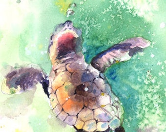 Impresión de tortugas marinas bebé, lienzo, cartel, tortuga marina de Honu, tortuga marina verde, arte, tema del océano, arte de la pared, ilustración, acuarela animal
