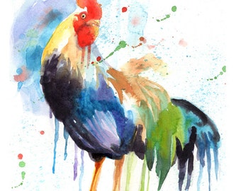 May include: Watercolor painting of a rooster with a blue, green, and yellow body. The rooster is standing on a wooden perch with a white background. The painting has a splattered effect with red, green, and blue paint.