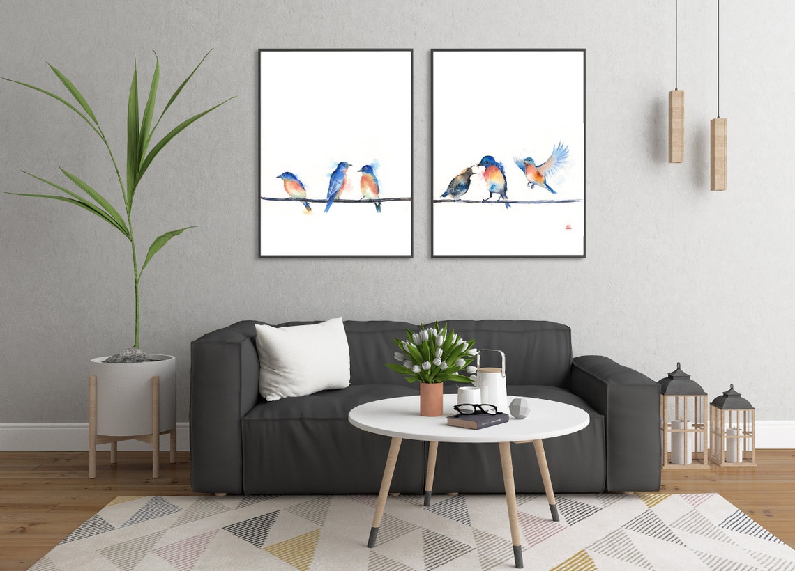 Blue Bird Watercolor Set of Two Print Bird on A Wire Blue | Etsy