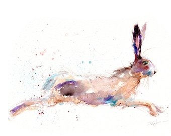 Hare Rabbit jump watercolor painting print, art, animal, illustration, home decor, Nursery, gift, Wildlife, wall art