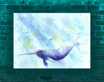 Narwhal Print, Nautical Wall Art, Unicorn of the Sea, Nautical Nursery Print, Narwhal Painting, Narwhal Nursery Illustration Poster Artwork