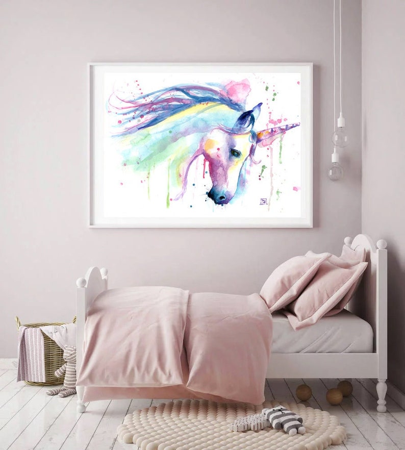 Unicorn print, poster, Rainbow unicorn watercolor, nursery wall, unicorn decor, party, unicorn birthday, unicorn nursery, girls art, image 1