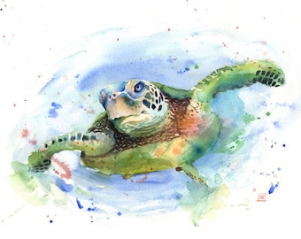 Sea Turtle Print, , Póster, Honu Sea Turtle, Green Sea tutrle Art, Ocean Theme, Wall Art, ilustración, Animal Watercolor, Acuarela