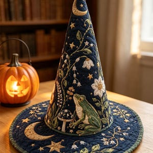 May include: A dark blue quilted cone-shaped hat featuring embroidered designs of a green frog, a mushroom, white flowers, golden stars, and a crescent moon. The fabric has a stitched texture throughout with a green trim along the circular brim.