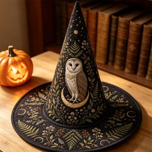 May include: A black pointed hat featuring intricate embroidery of a barn owl perched on a crescent moon, surrounded by botanical patterns of ferns and wildflowers, with gold celestial star motifs stitched across the conical crown and brim.