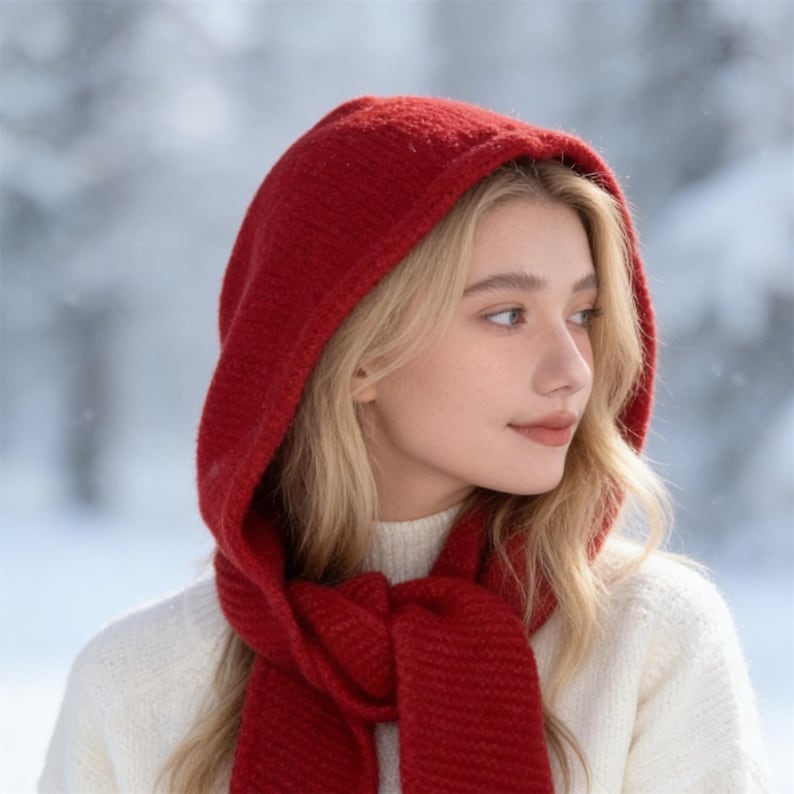 May include: A red knit hood and scarf set. The hood is pulled up, framing the face, and the scarf is draped around the neck. The set is made of a thick, textured knit material. The background is a blurred winter scene.