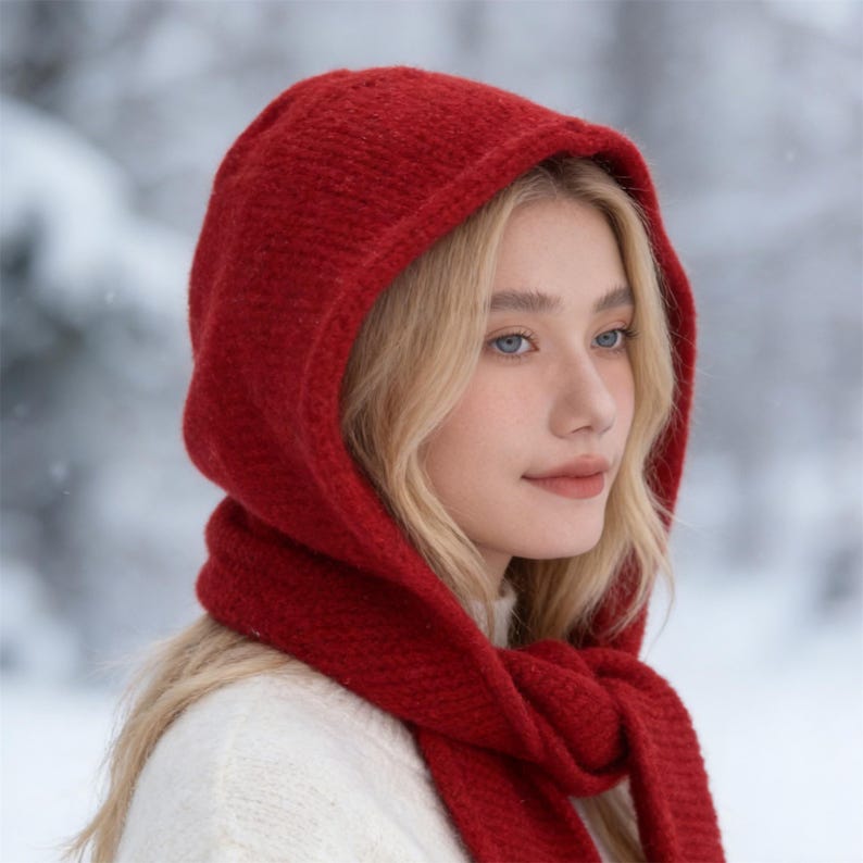 May include: A vibrant red knit hood and scarf set. The hood frames the face, and the scarf drapes down the front. The set is made of a thick, textured material, perfect for cold weather. The background is a snowy, winter scene.
