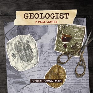May include: A collage of geological illustrations and ephemera. The image features a trilobite fossil, a cross-section of rock, and a nautilus shell. The text "GEOLOGIST" and "DIGITAL DOWNLOAD" are also present.
