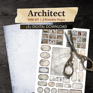 Op de afbeelding: Een digitale download mini-kit voor architecten. De afbeelding toont twee afdrukbare pagina's met vintage-stijl ephemera, waaronder postzegels, labels en architectonische tekeningen. Een antieke schaar rust op de pagina's. De tekst luidt "Architect" en "Digital Download."