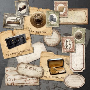 Cryptografie-junkjournaalkit met voorgesneden png-bestanden, vintage efemere cijfers, labels voor licht academische wereld