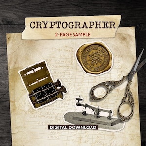 May include: An antique-style digital download featuring a collection of vintage items. Includes a seal, scissors, a telegraph key, and a cipher machine. The text "CRYPTOGRAPHER" and "DIGITAL DOWNLOAD" are visible.