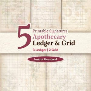 Könnte beinhalten: Ein digitaler Download mit fünf druckbaren Apotheken-Register- und Raster-Signaturen. Das Design umfasst drei Register- und zwei Rasterseiten mit einer Vintage-Ästhetik. Der Text lautet "Printable Signatures Apothecary Ledger & Grid" und "Instant Download."