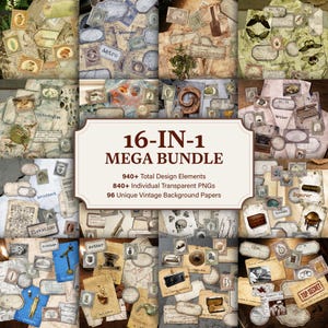 May include: A collection of vintage-themed digital design elements, including stamps, labels, and papers. The image features a variety of designs, including botanical illustrations, celestial motifs, and architectural elements. The text "16-IN-1 MEGA BUNDLE" is prominently displayed.