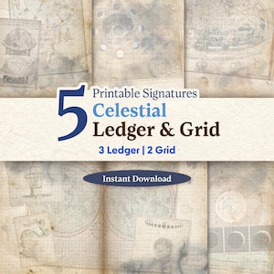 Könnte beinhalten: Eine Sammlung von fünf druckbaren Seiten für Himmelsbücher und -raster mit Vintage-Karten und astronomischen Diagrammen. Der Text lautet "Printable Signatures Celestial Ledger & Grid 3 Ledger | 2 Grid" und "Instant Download."