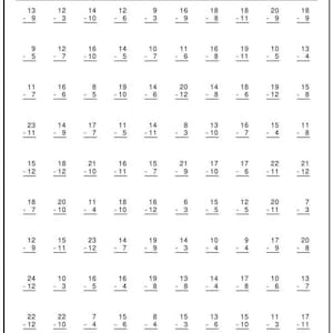 Può includere: Un foglio di esercizi di sottrazione in bianco e nero intitolato SUBTRACTION PRACTICE | 5-Minute Drill. La pagina presenta un campo per il nome e il punteggio in alto, seguito da dieci righe di dieci problemi di sottrazione con numeri da 6 a 24.
