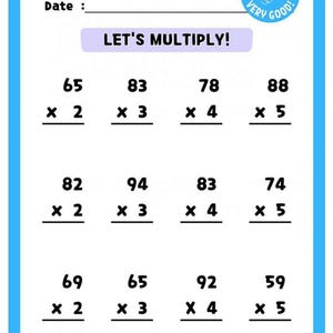 Könnte beinhalten: Ein weißes Arbeitsblatt mit blauem Rand und der Überschrift LET'S MULTIPLY!, das Zeilen für Name und Datum, einen runden VERY GOOD-Aufkleber mit einer Lupe sowie zwölf Multiplikationsaufgaben in drei Reihen zu je vier Spalten enthält.