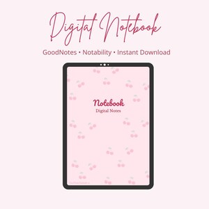 以下が含まれることがあります： ピンクの桜柄のタブレットに表示されたデジタルノート。タブレットには「Notebook」と「Digital Notes」の文字が表示されています。「Digital Notebook」と「GoodNotes • Notability • Instant Download」の文字も表示されています。