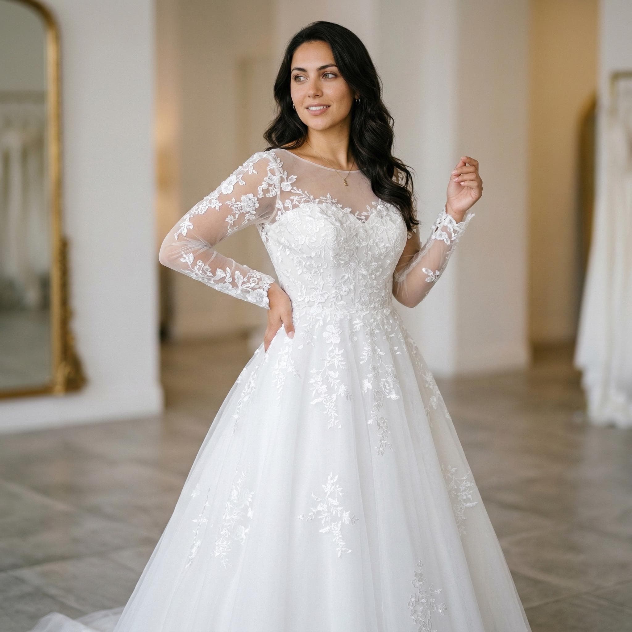 fitted lace wedding dress Andrea & Leo Couture A1022 Long Sleeved Wedding Dress Lace Applique Sheer 4 / Off White main image 0