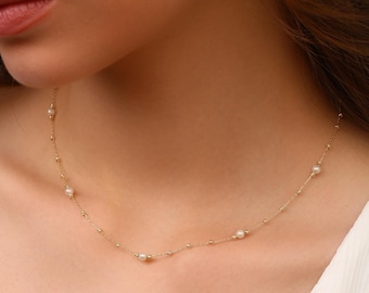 Real 14K Solid Gold Freshwater Pearl Station Necklace, Minimalist Gold Beaded Chain
