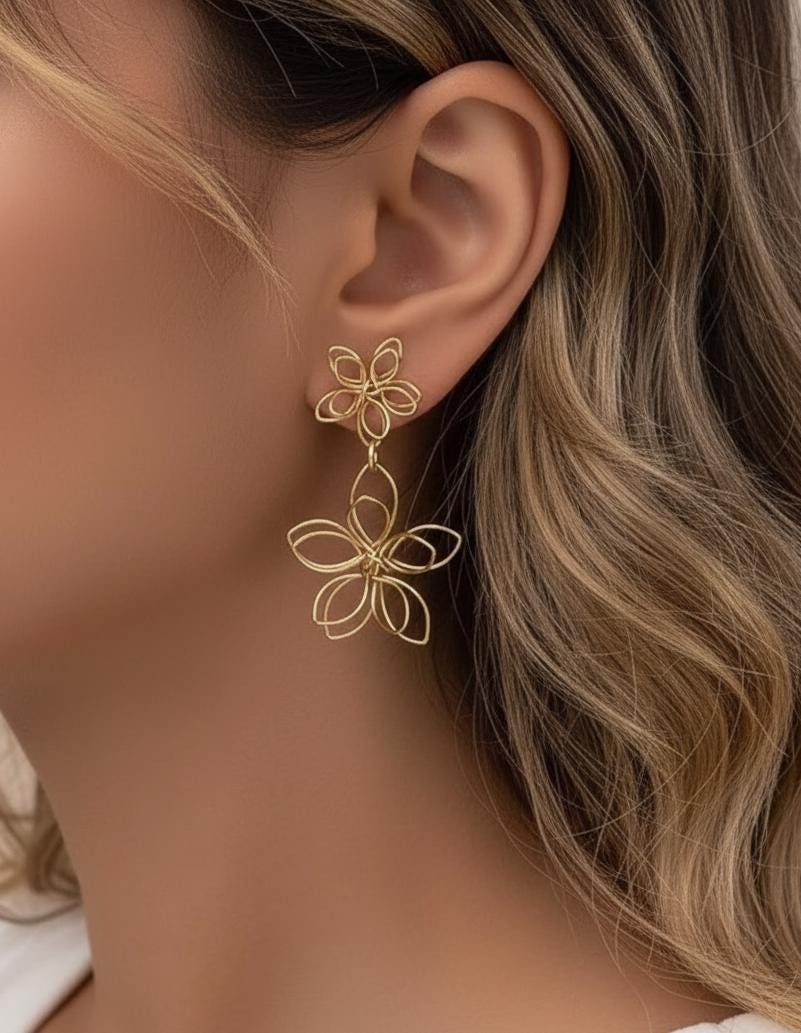 Boucles D'oreilles Clip Doré - Pendantes Chandelier Floral Bleu, Style Vintage EH7