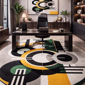 Può includere: Interni di un ufficio con una grande scrivania in legno scuro, una sedia in pelle nera e un tappeto geometrico. Il tappeto presenta un design circolare con forme gialle, verdi, nere e bianche. Un grande dipinto astratto è appeso al muro.
