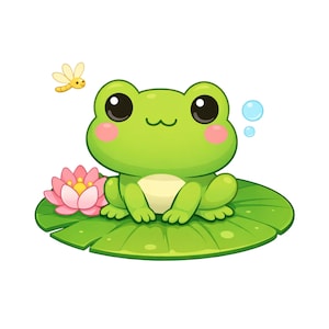 May include: A cartoon illustration of a green frog with large black eyes, sitting on a lily pad. The frog has pink cheeks and a smiling expression. A small yellow dragonfly hovers nearby, and two blue bubbles float in the air.