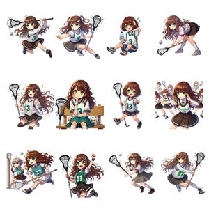 Könnte beinhalten: Eine Sammlung von Illustrationen im Anime-Stil, die Mädchen beim Lacrosse-Spielen zeigen. Jedes Mädchen trägt ein weißes und grünes Trikot mit einer Nummer, einen dunklen Rock und Turnschuhe. Sie werden in verschiedenen Action-Posen gezeigt, die Lacrosseschläger und Bälle halten.