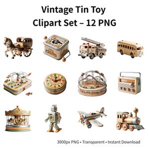 May include: A collection of vintage tin toy clip art. The set includes a horse-drawn carriage, a music box, a fire truck, a bus, a carousel, a robot, a plane, a train, a roller coaster, a radio, a clock, and a toy with fish.