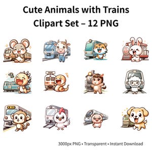 以下が含まれることがあります： かわいい動物と電車の12個のPNGクリップアート画像セット。マウス、牛、トラ、ウサギ、恐竜、ヘビ、馬、羊、猿、鶏、豚、犬がそれぞれ異なる電車に乗ったイラストです。