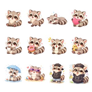 Puede incluir: Una colección de doce ilustraciones de mapaches de dibujos animados en varias poses. Los mapaches están representados con pelaje gris y marrón, ojos grandes y colas rayadas. Algunos mapaches sostienen objetos como un corazón, una taza de café, una rosquilla y un patito de goma.