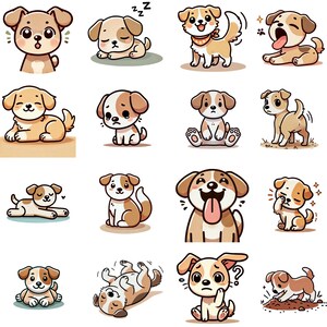 Könnte beinhalten: Eine Sammlung von Cartoon-Illustrationen von Welpen in verschiedenen Posen und Ausdrücken. Die Hunde sind in Braun- und Weißtönen dargestellt, mit Merkmalen wie Schlappohren, wedelnden Schwänzen und verspielten Augen. Einige Welpen schlafen, gähnen oder schauen neugierig.