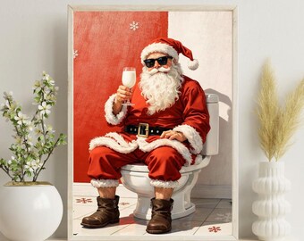 Funny Santa Bathroom Wall Art Printable, Santa On Toilet Christmas Decor, Dirty Santa Gift, Funny Holiday Wall Art, Xmas Bathroom Poster