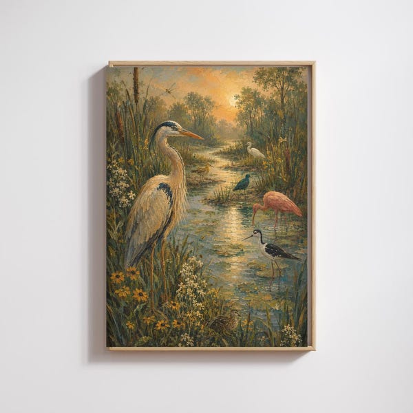 Heron Marsh Wall Art Print, Wetland Bird Oil Painting, Cottagecore Nature Decor, Coastal Landscape Artwork Portrait, Lake House Artwork