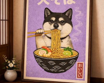 Shiba Inu Ramen Wall Art, Japanese Food Poster, Kawaii Dog Print, Purple Aesthetic Decor, Funny Kitchen Art, Asian Style Gift