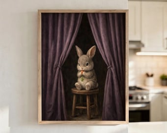 Cute Bunny Eating Carrot Wall Art, Vintage Animal Painting Print, Whimsical Nursery Decor, Cottagecore Bunny Art, Soft Aesthetic Animal Art