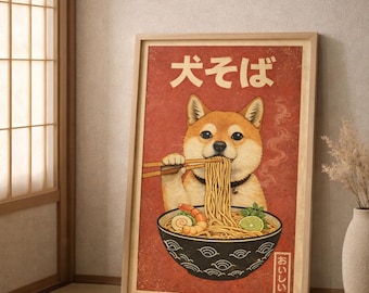 Funny Ramen Dog Poster, Shiba Inu Noodle Print, Japanese Style Kitchen Art, Cute Food Animal Decor, Retro Asian Wall Art Printable