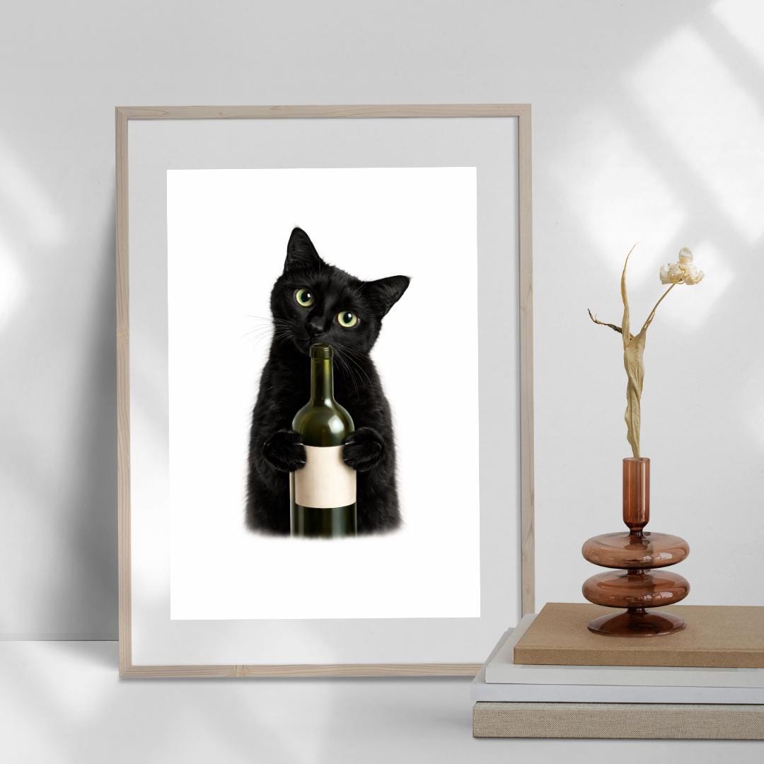 Funny Black Cat Wine Print, Minimalist Kitchen Art (digital Download ...