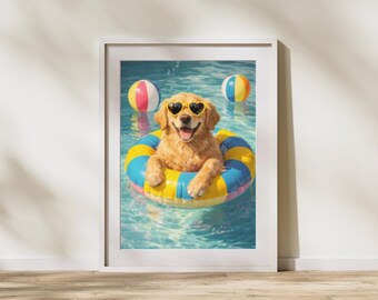 Lámina artística de Golden Retriever en la piscina / Divertida decoración de pared veraniega con perros / Póster imprimible de un lindo cachorro con gafas de sol / Arte retro de mascotas junto a la piscina