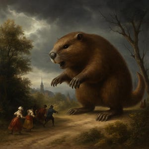 Puede incluir: Una pintura artística representa un castor marrón gigante con la boca abierta, amenazante. Varias figuras con vestimenta de época huyen aterrorizadas. Un cielo oscuro y tormentoso se cierne sobre una ciudad distante, creando una escena dramática y surrealista.