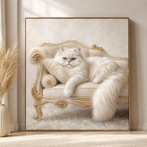 May include: A framed painting of a white Persian cat lounging on a cream-colored, ornate sofa. The cat has blue eyes and fluffy fur. The sofa has gold accents and is set against a neutral background.