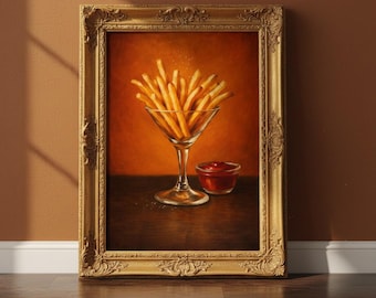 Pommes Wandkunst, lustige Küchendekoration, Lebensmittel Kunstdruck, Pommes im Martini-Glas, schrullige Küchenwandkunst, Fast Food Kunstwerk