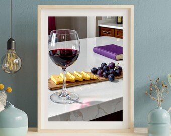 Impression de cuisine confortable | Art mural cuisine vin rouge, fromage et raisins, impression vin rouge, décoration de salle à manger de mauvaise humeur, affiche de photographie culinaire élégante