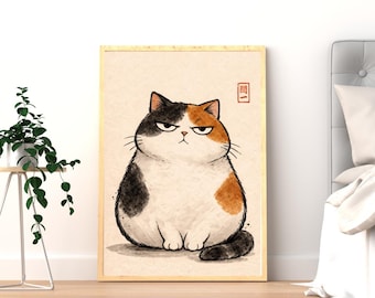 Grumpy Calico Cat Wall Art, Japanese Watercolor Print, Minimalist Cat Illustration, Cute Japanese Cat Kawaii Decor, Funny Cat Poster